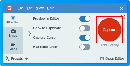 Click on the red circle Capture button on the right side