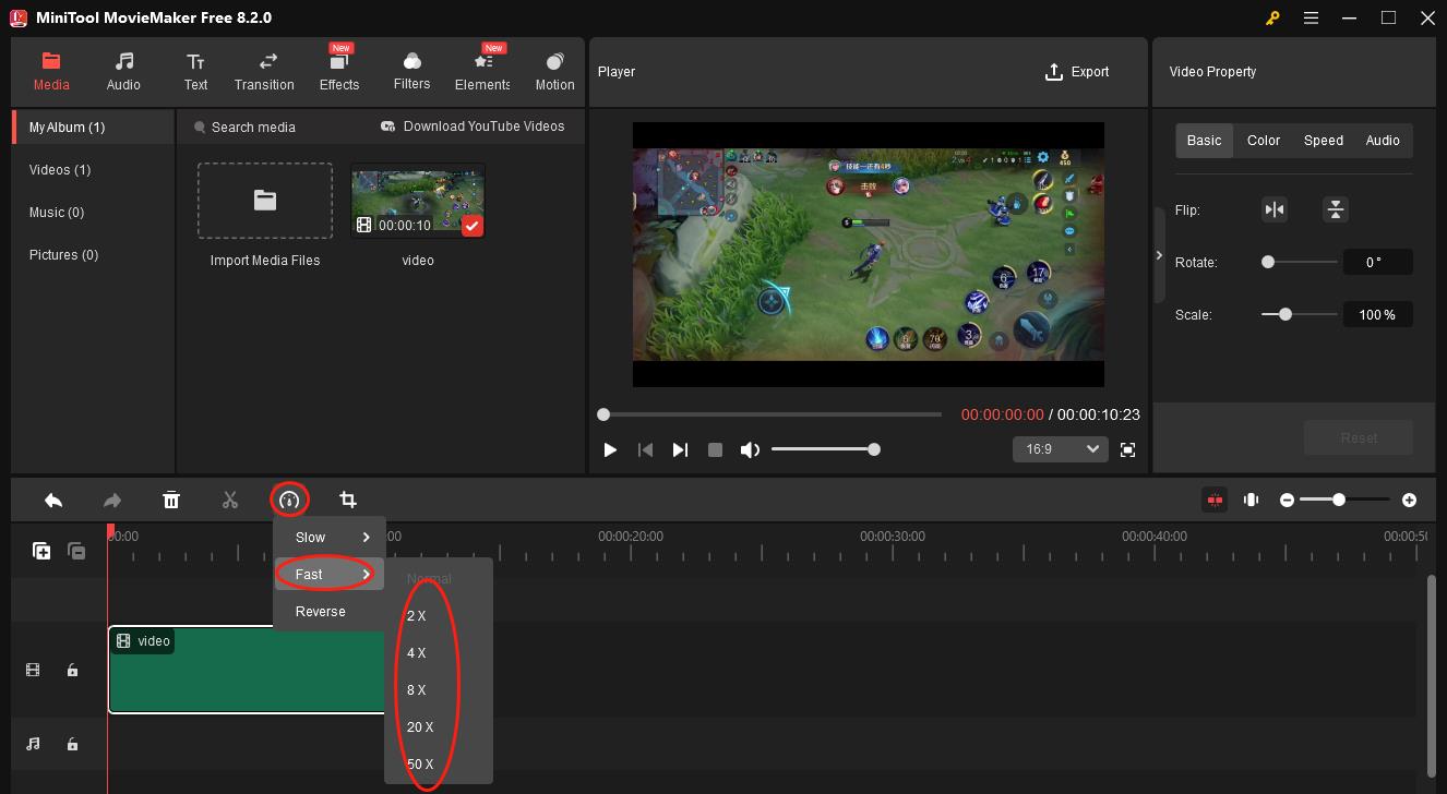Choose the Speed option in MiniTool MovieMaker and click on Fast