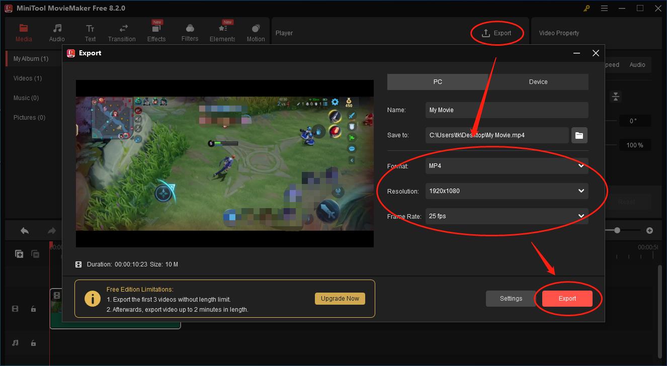 Click on the Export button in the Export window of MiniTool MovieMaker to begin the file conversion