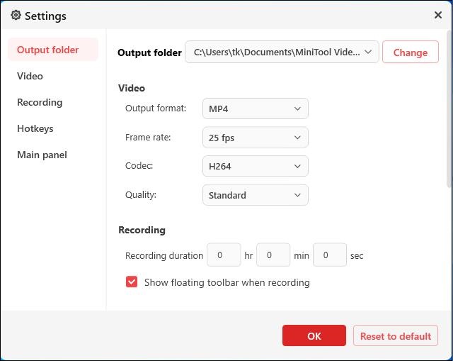 The Settings page of MiniTool Screen Recorder