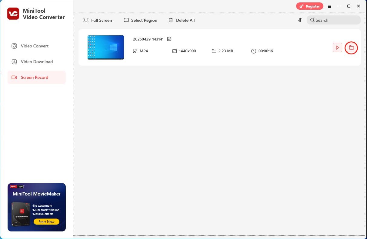 Click on the folder icon in MiniTool Video Converter to locate and check your converted file