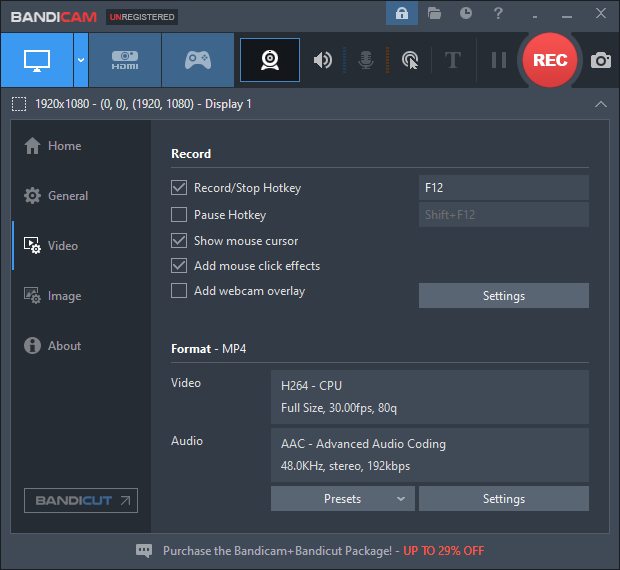 The main interface of Bandicam