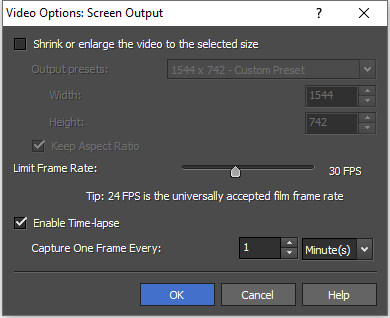 The Video Options window in Debut Video Capture