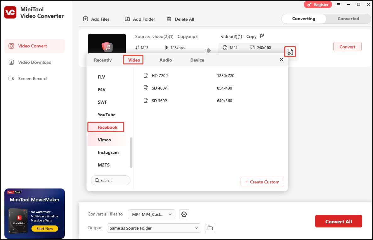 Click the folder with a gear icon, click the Video tab, and choose Facebook on the left