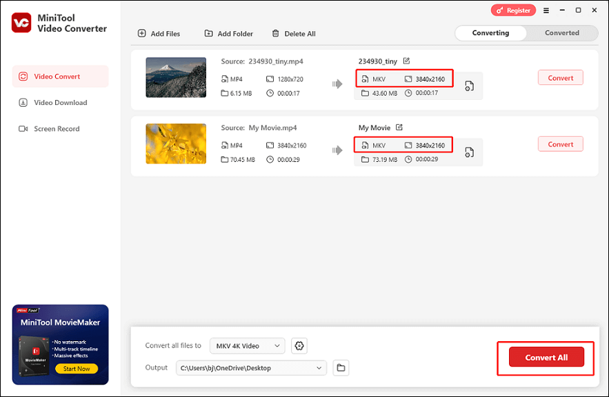 Convert multiple files to MKV in MiniTool Video Converter
