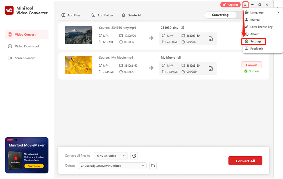 Go to MiniTool Video Converter's general settings