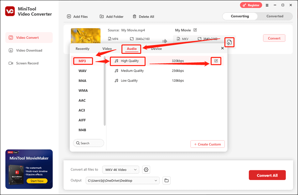 Convert a media file to MP3 in MiniTool Video Converter