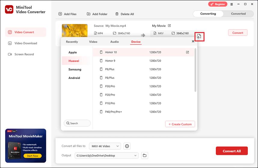 Convert a media file to Huawei Honor 10 supported format in MiniTool Video Converter