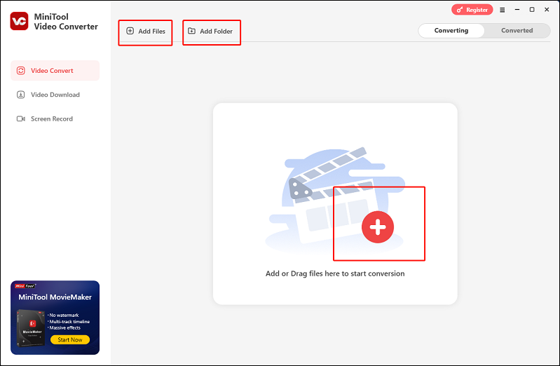 Options in MiniTool Video Converter to upload media files