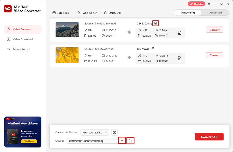 Change output file name and save location in MiniTool Video Converter