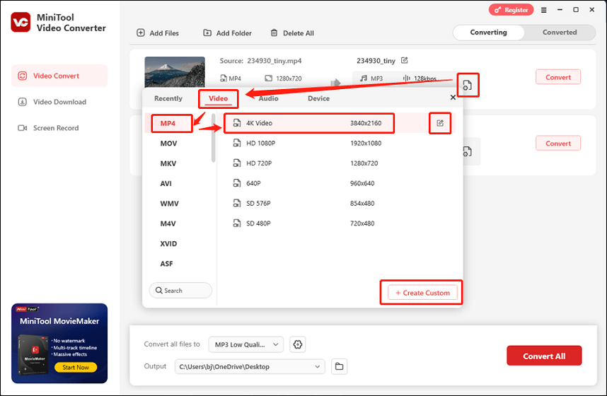 Specify output video format to MP4 in MiniTool Video Converter