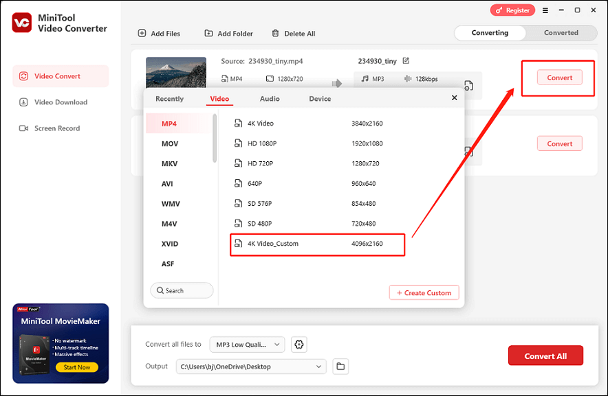 Select the customized output MP4 format to convert in MiniTool Video Converter