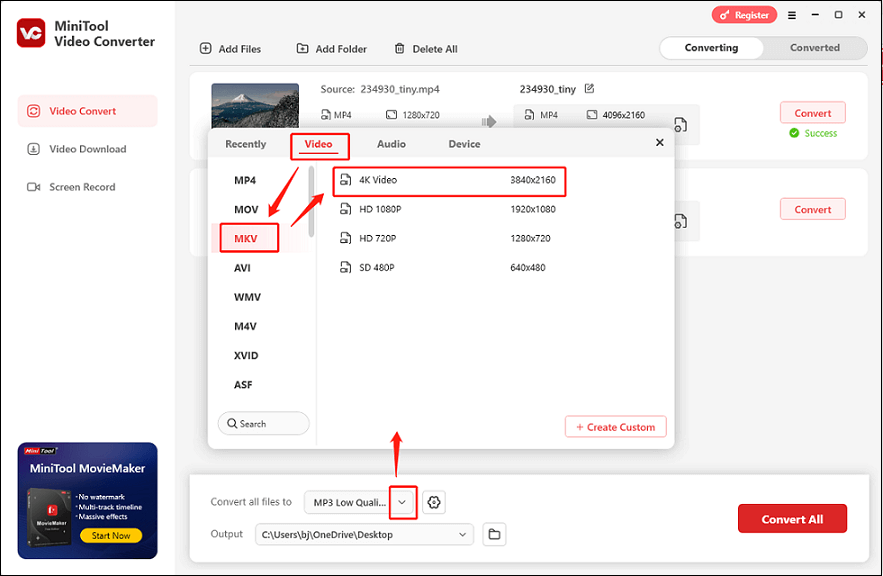 Personalize output MKV format for all files in MiniTool Video Converter