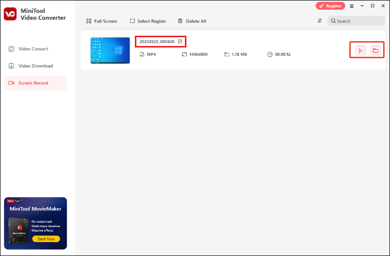 das aufgenommene Video in MiniTool Video Converter umbenennen, abspielen, finden