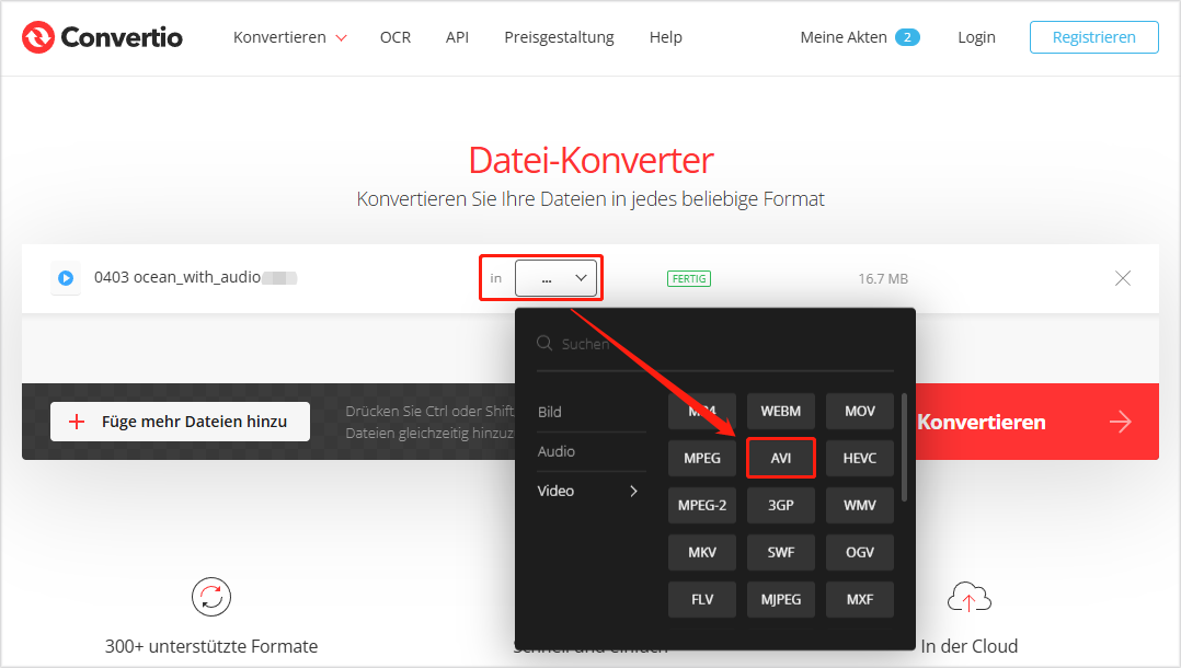 AVI auf der Registerkarte „Video“ als Ausgabeformat festlegen