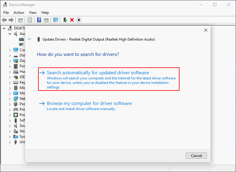 Click on Search automatically for updated driver software in Device Manager