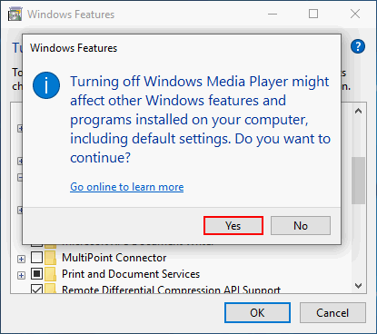 Click on Yes in Windows Features