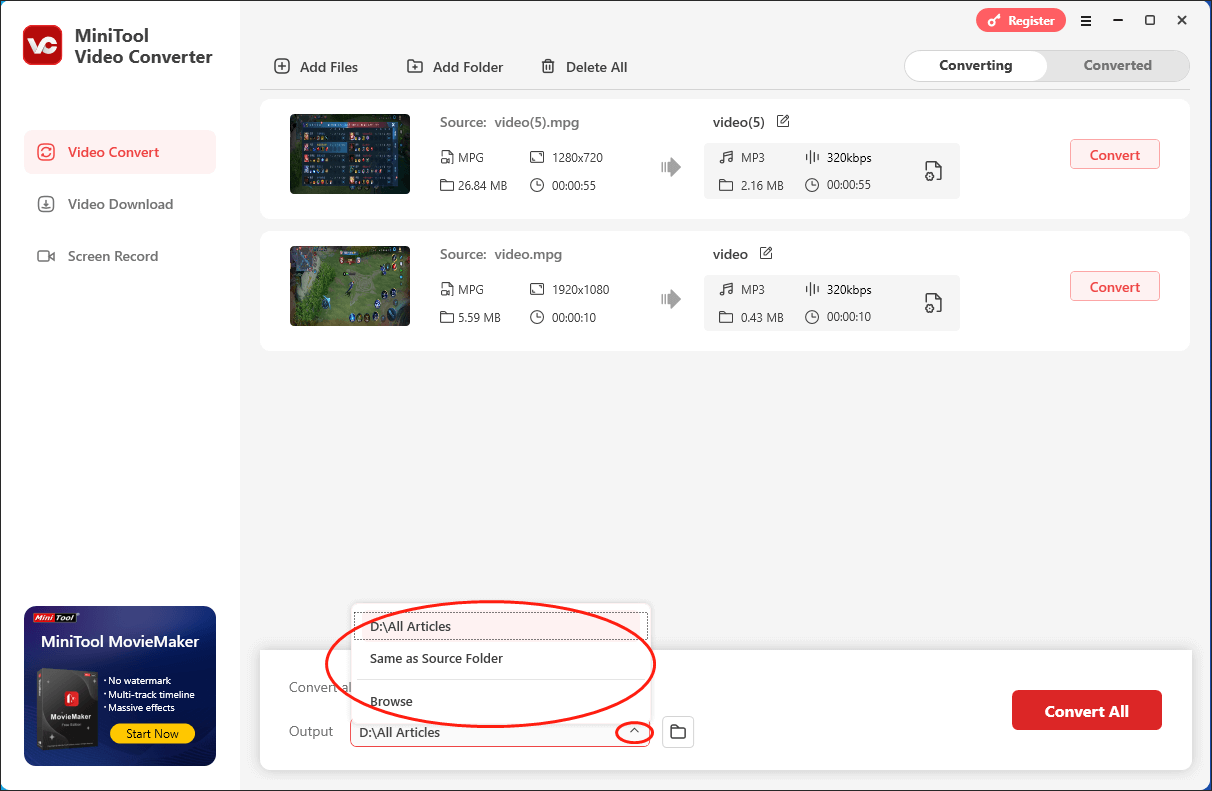Expand the Output option in MiniTool Video Converter to choose a saving path for your converted files
