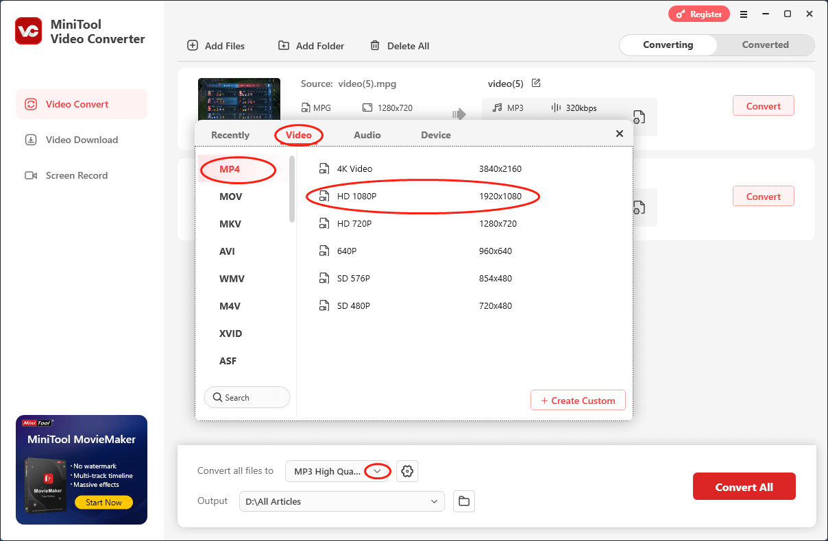 Expand the Convert all files to option in MiniTool Video Converter to access the output format window and choose MP4 HD 1080P as the output format