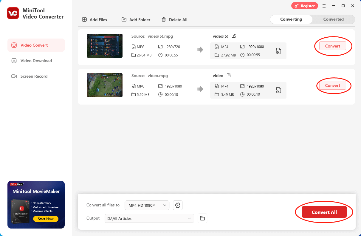 Click on the Convert or Convert All button in MiniTool Video Converter to begin converting your DVD videos