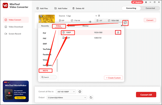 Select M2TS as the output format for conversion in MiniTool Video Converter