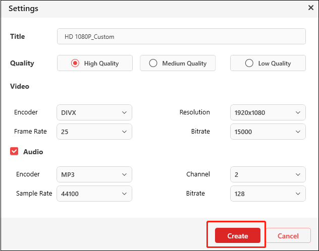 Adjust encoder, frame rate, quality, and other parameters in MiniTool Video Converter for format conversion