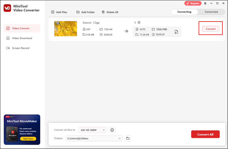 Click the Convert button to start the 3GP to M2TS conversion in MiniTool Video Converter