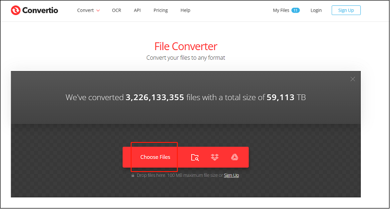 Click the Choose Files button in Convertio to import the target 3GP file