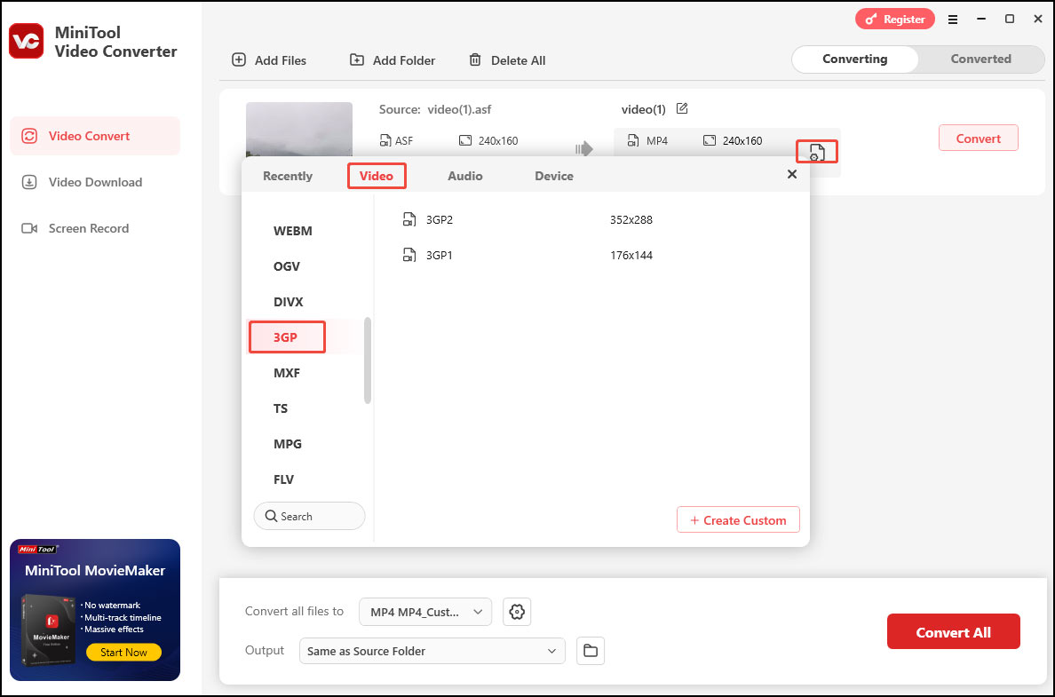 In the output format window, select 3GP