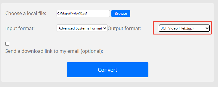 Expand the Output format option and select 3GP Video File(.3gp)