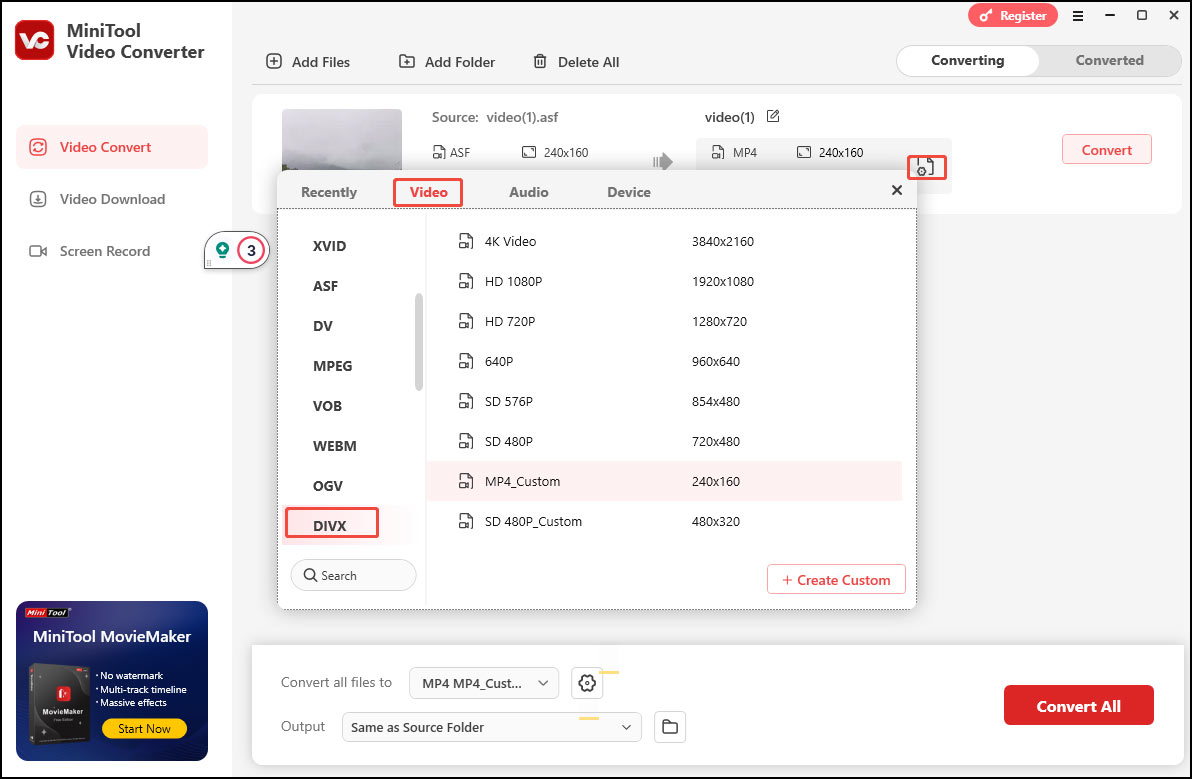 Click the folder with a gear icon, choose DIVX the Video tab