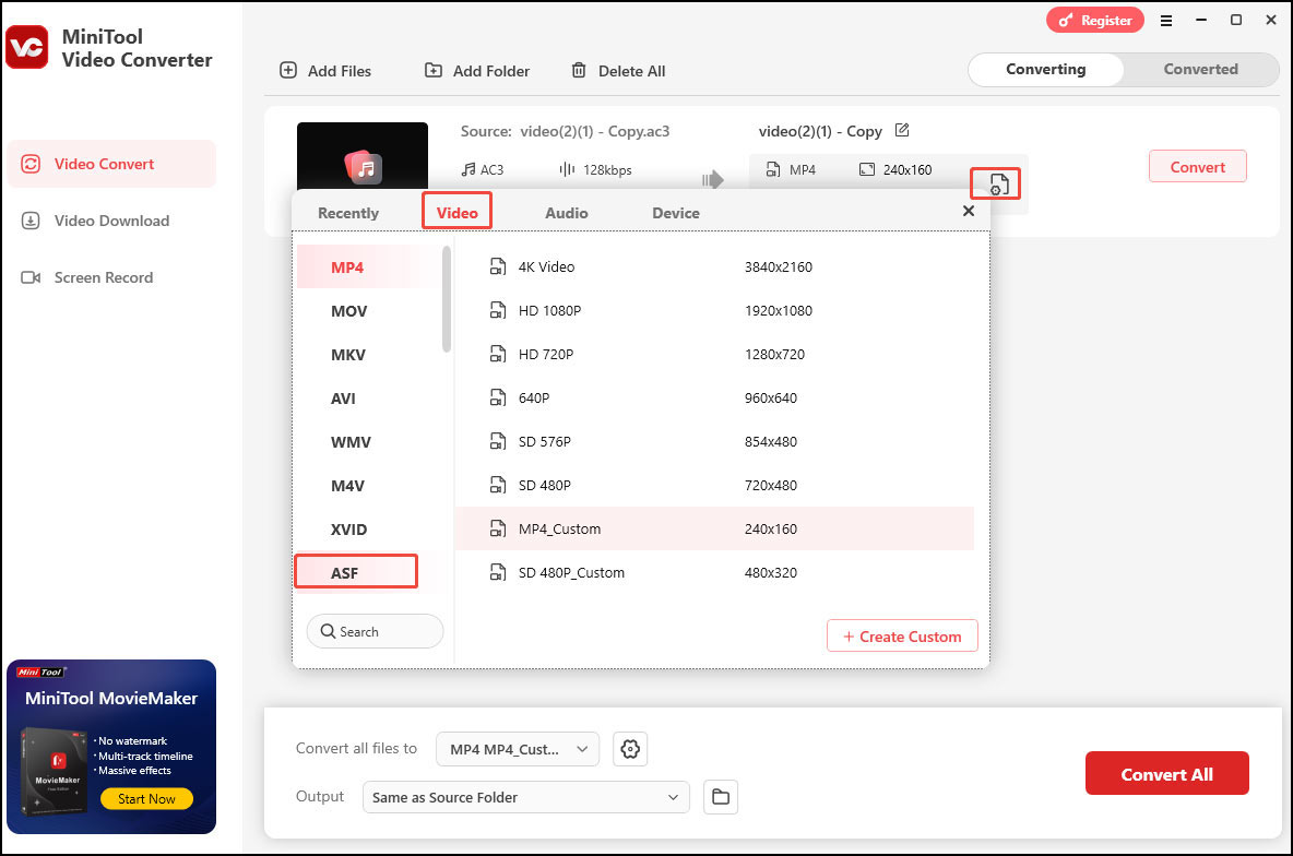 Choose ASF as the output format in the output format window