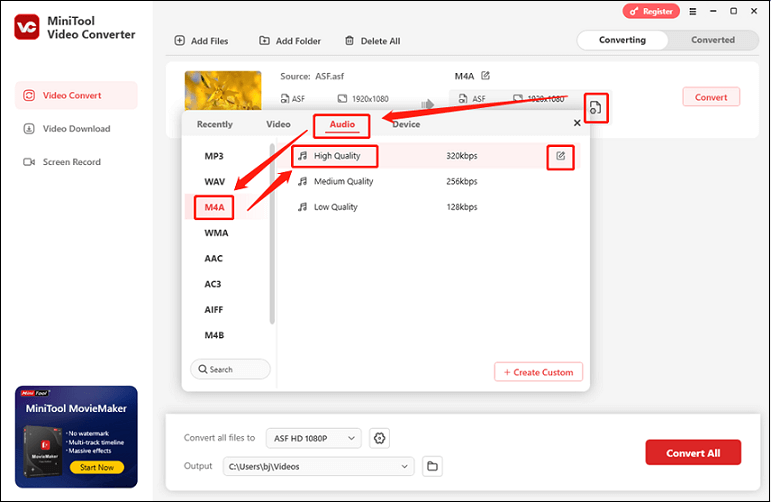 Choose M4A as the output format for conversion in MiniTool Video Converter
