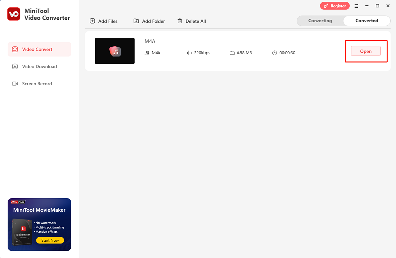Click the Open button in MiniTool Video Converter to locate the converted file in the local folder