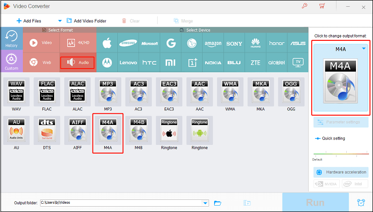 Choose M4A as the output format in HD Video Converter Factory for format conversion