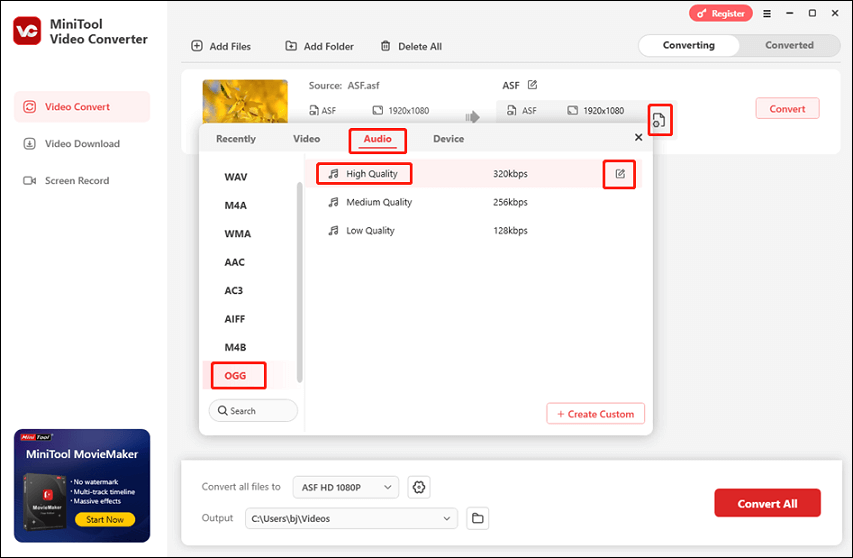 Select OGG as the output format for conversion in MiniTool Video Converter