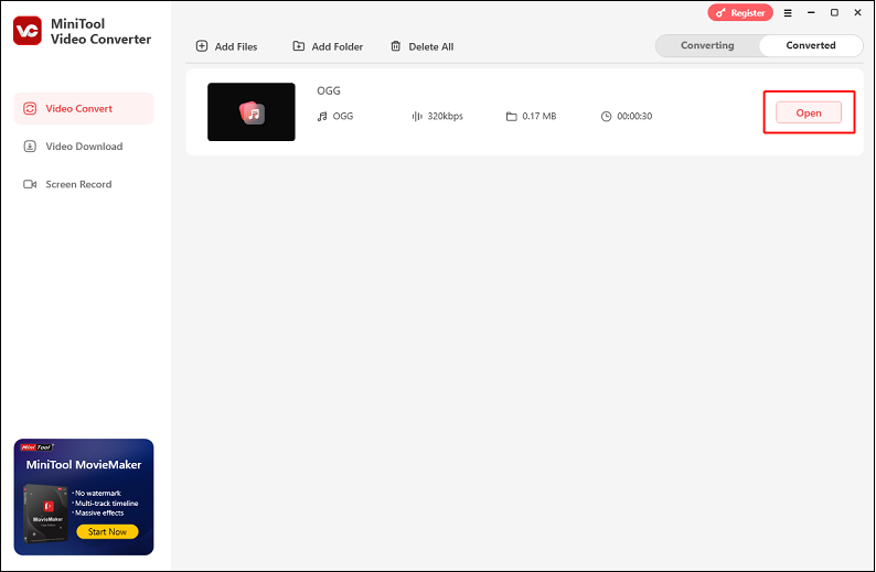 Click the Open button in MiniTool Video Converter to locate the converted file in your local folder