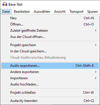klicken Sie in Audacity auf „Datei“ und dann auf „Audio exportieren“