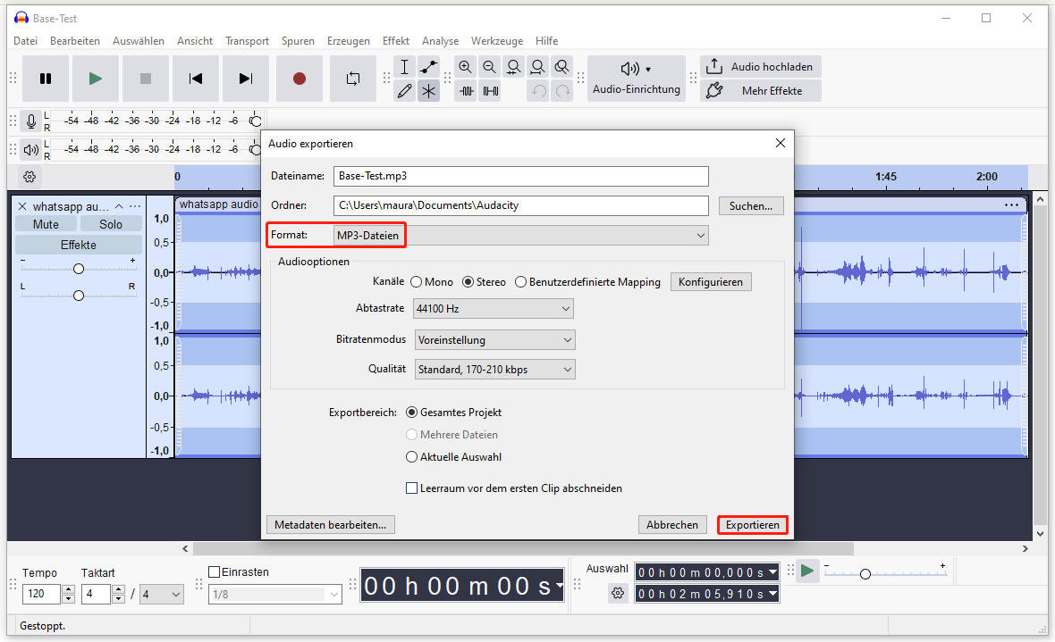 „MP3-Dateien“ aus dem Dropdown-Menü auswählen und auf „Exportieren“ klicken