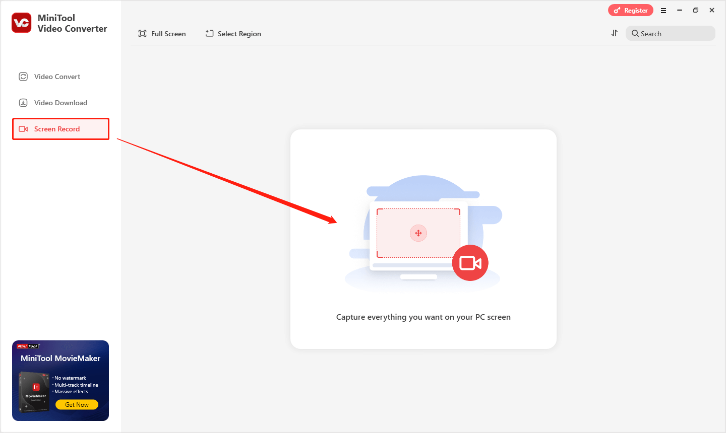 MiniTool Screen Recorder aufrufen, indem Sie in MiniTool Video Converter auf „Bildschirm aufnehmen“ und dann auf den mittleren Bereich klicken