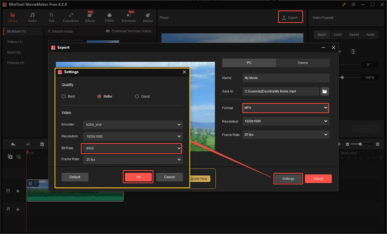 Open the Export Window to set the output format and click the Settings button to change the video bitrate in MiniTool MovieMaker