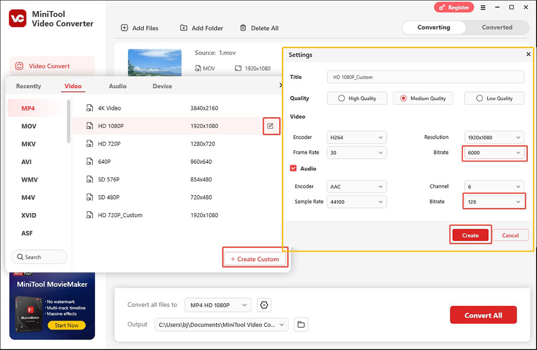 Click the Edit icon next to the desired preset and customize the bitrate of audio and video in MiniTool Video Converter