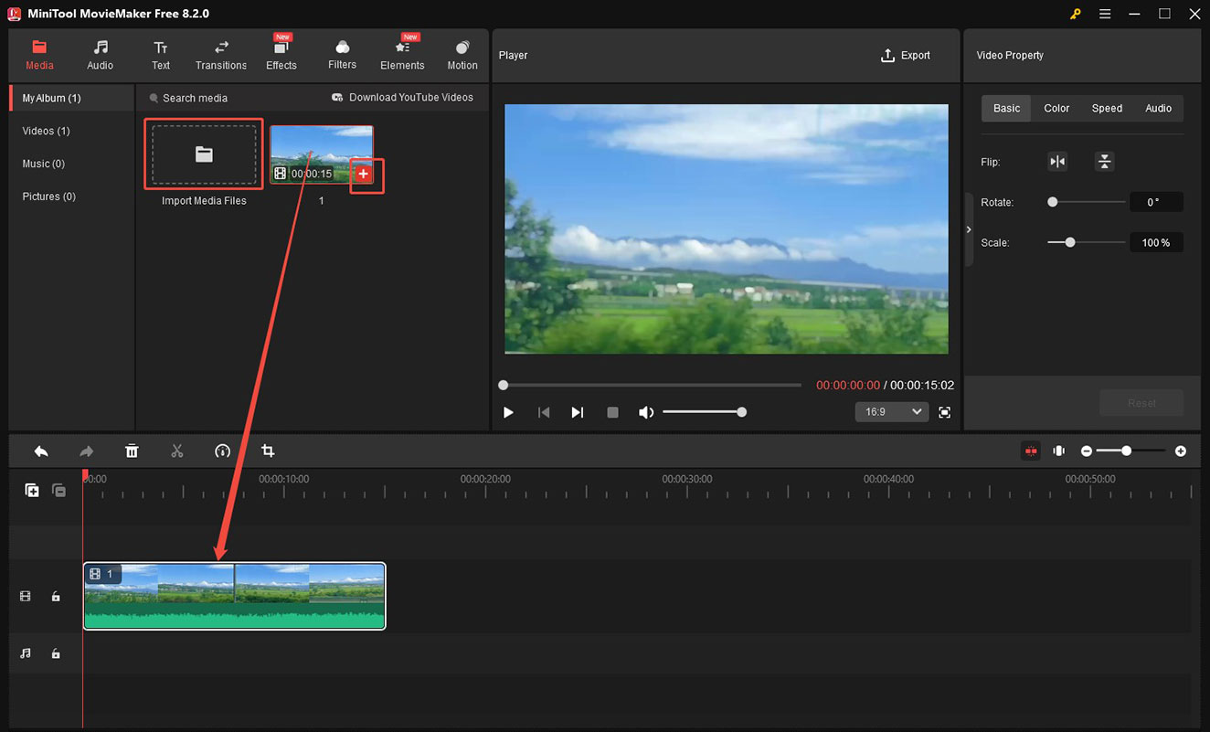 Click Import Media Files to import the target video and then add it to the timeline of MiniTool MovieMaker