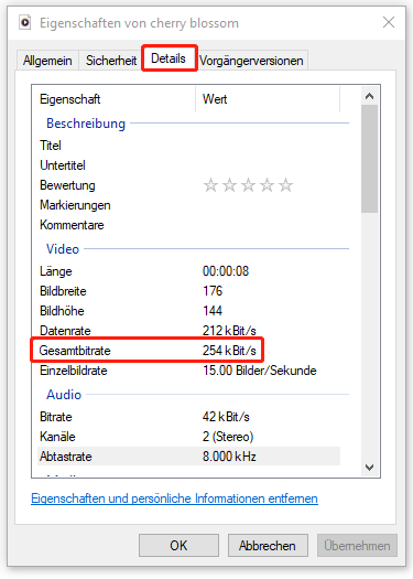 Videobitrate unter Windows im Eigenschaften-Fenster überprüfen