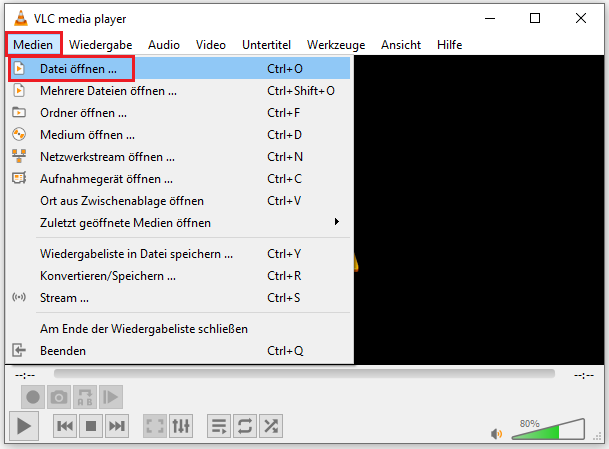zum Öffnen eines Videos klicken Sie in VLC auf „Medien“ und dann auf „Datei öffnen“
