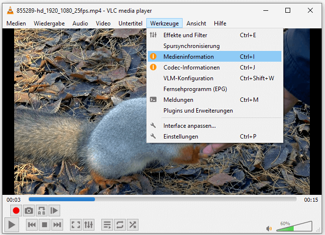 „Medieninformation“ aus dem Dropdown-Menü „Werkzeuge“ auswählen