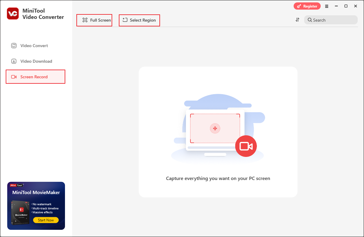 Go to Screen Record and choose the Full Screen or Select Region option in MiniTool Video Converter