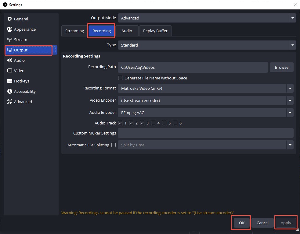 Go to the Output tab and adjust the recording settings under the Recording subtab of OBS