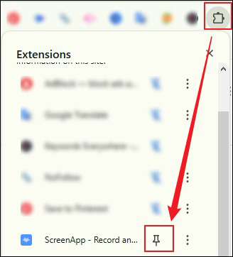 Click the Extension icon and click the Pin icon next to ScreenApp to pin it