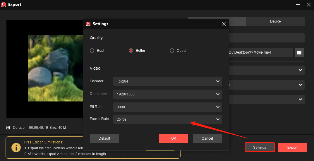 MiniTool MovieMakerで「Settings」をクリックして動画品質を変更する